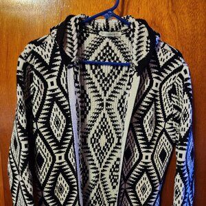 Women's Medium Misell Long Black/White Wool Blend Knit Hooded Cardigan Sweater